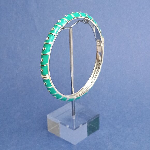 Turquoise Silver Tone Rhinestone Enamel Hinge Bangle Skinny Bracelet Clamper Csl - Picture 5 of 5